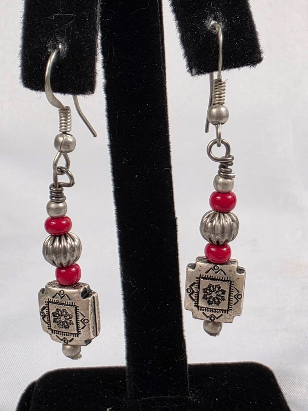 Southwestern-Style Dangle Earrings Silver-Tone Metal & Bright Red Beads